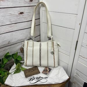 Brighton Ivory Leather Pic-Stitch Detail Hobo Shoulder Bag Purse with Dust Case